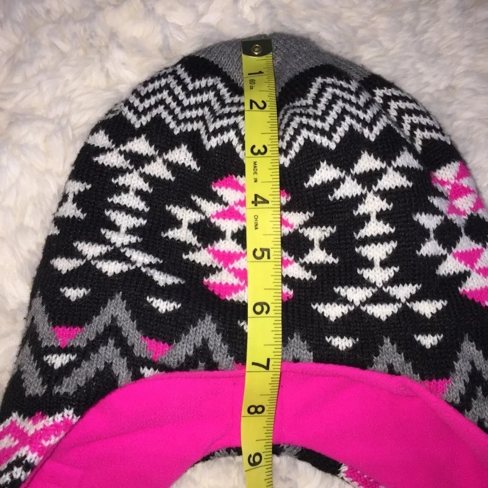 4/$20 Swiss Tech Knit Hat Ear Flaps Hot Pink Black One Size Fits Most